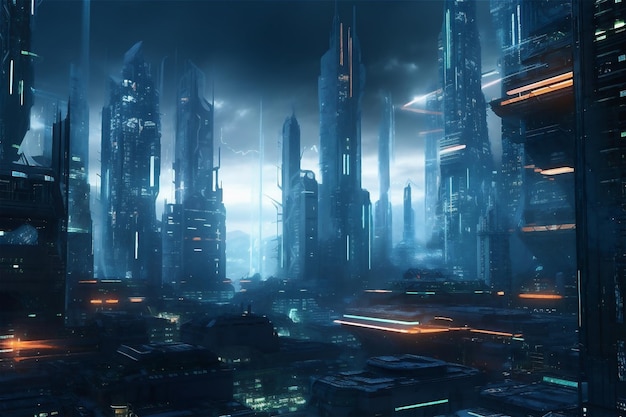 Футуристический мегаполис с высокими зданиями, созданный искусственным интеллектом