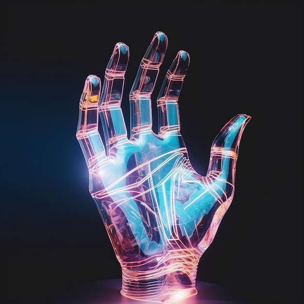 Photo futuristic metallic hand neoninfused digitalism and fluid figuratism in this captivating explorati