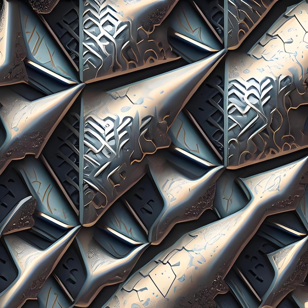 복잡한 기하학적 패턴을 가진 미래적인 금속 표면 스타일
