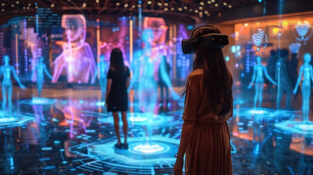 Futuristic Metaverse Digital Virtual Reality Technology for business women with glasses and a headset VR connected to the virtual in retail store