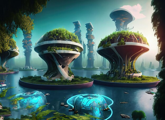 A futuristic metaverse garden colony