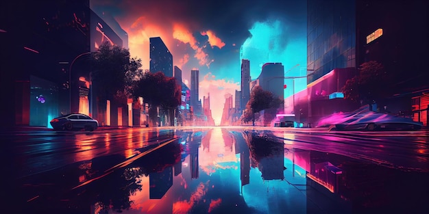 Photo futuristic metaverse imaginative city under neon lights