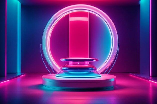 Futuristic metaverse podium empty room product display presentation abstract technology scifi with neon light 3d background
