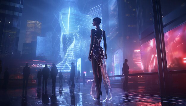 Photo futuristic metropolis at night streetworking bawd woman in transparent pvc bodycon dress