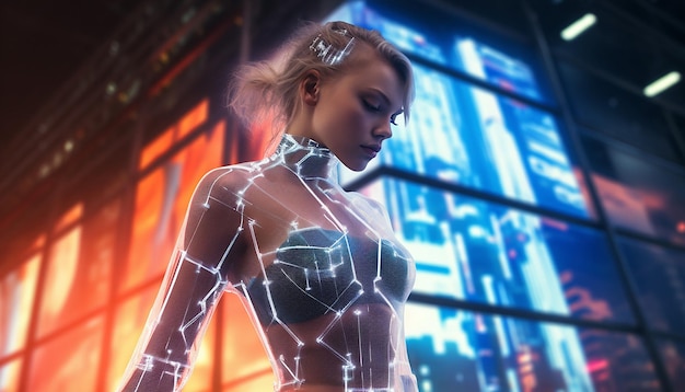 Futuristic metropolis at night streetworking bawd woman in transparent pvc bodycon dress