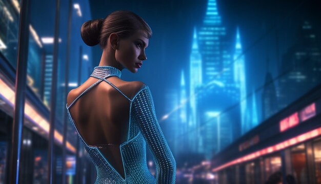 Futuristic metropolis at night streetworking bawd woman in transparent pvc bodycon dress