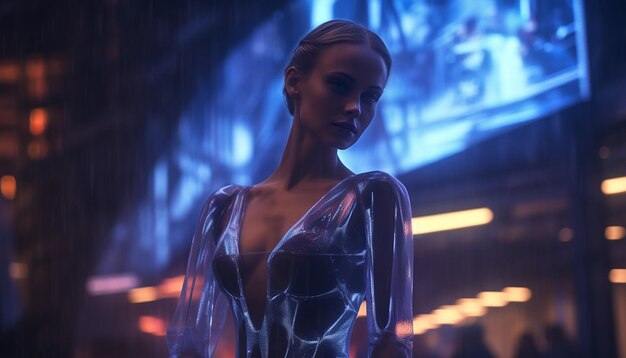 futuristic metropolis at night streetworking bawd woman in transparent pvc bodycon dress