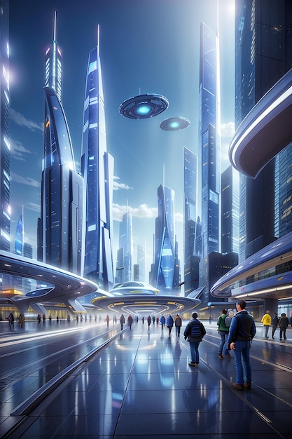 A futuristic metropolis with gleaming glass buildings and illuminated pathways