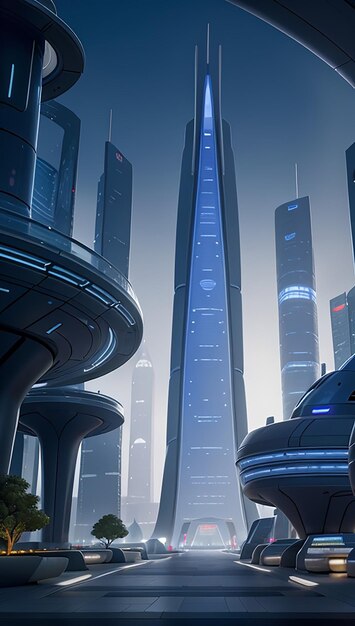 A futuristic metropolis with gleaming glass buildings and illuminated pathways