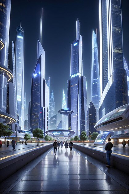 A futuristic metropolis with gleaming glass buildings and illuminated pathways