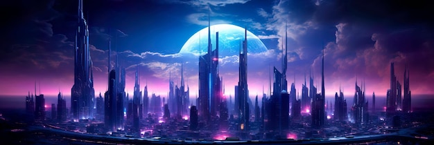A futuristic metropolis with neon lights holographic and advanced technologygenerative ai