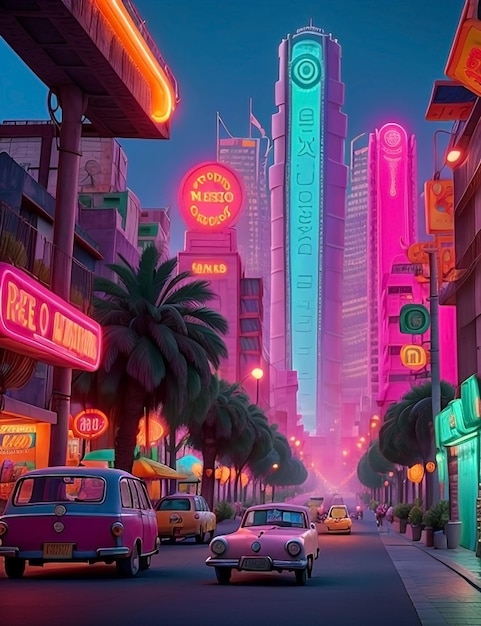 Futuristic mexican city with purple neon lights