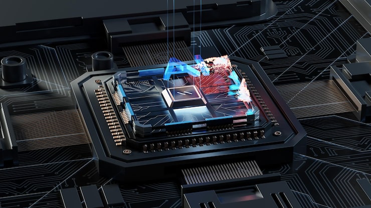 Photo 未来化微芯片处理器与黑色背景上的灯光量子计算机大数据处理数据库概念 cpu 异度中央计算机处理器 cpu 概念数字芯片