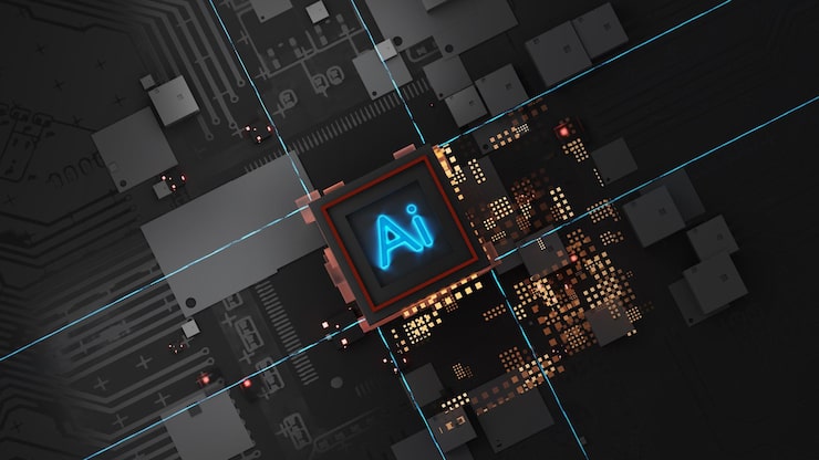 Photo futuristic microchip processor with lights blue ai background quantum computer large data processing database concept cpu isometric banner central computer processors cpu concept3d render