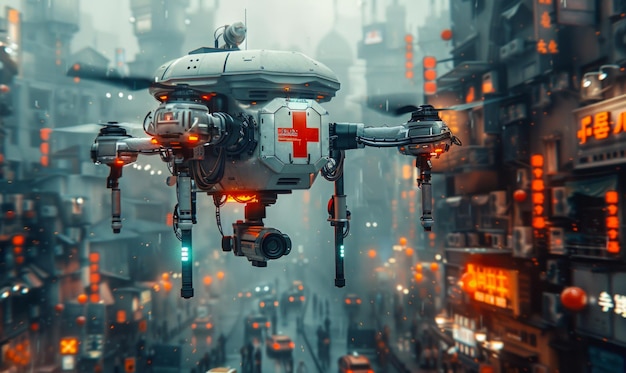 Futuristic military drone flies over the night city