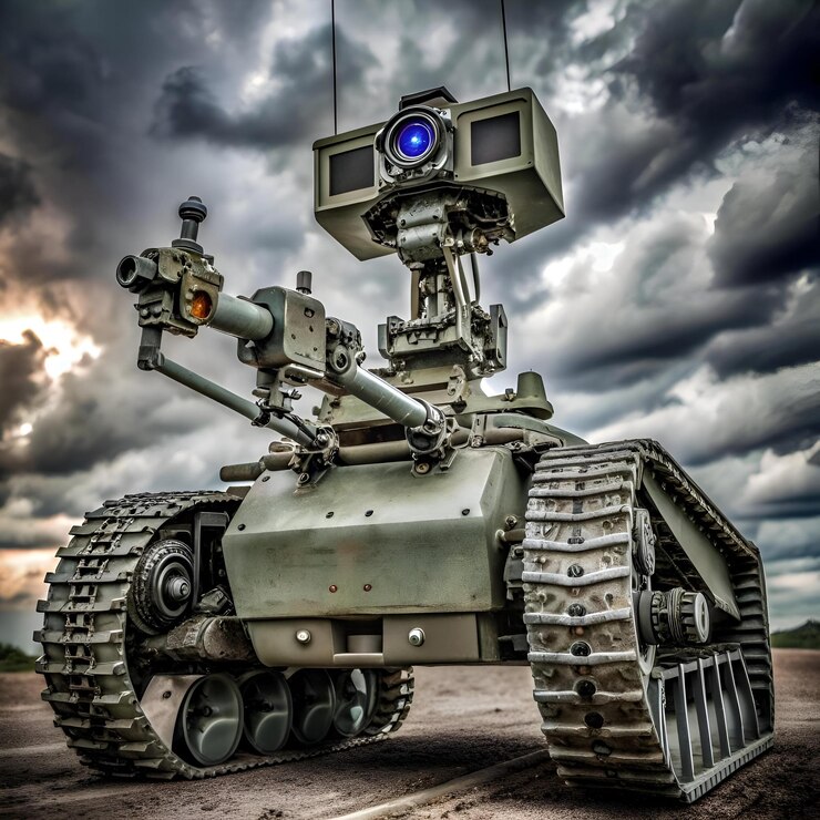 Photo a futuristic military grade robot on treads armed with a high tech camera ready to patrol and defend