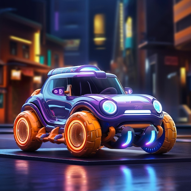 Futuristic mini mobile car neon color high detail cinematic lighting buildings in the background AI