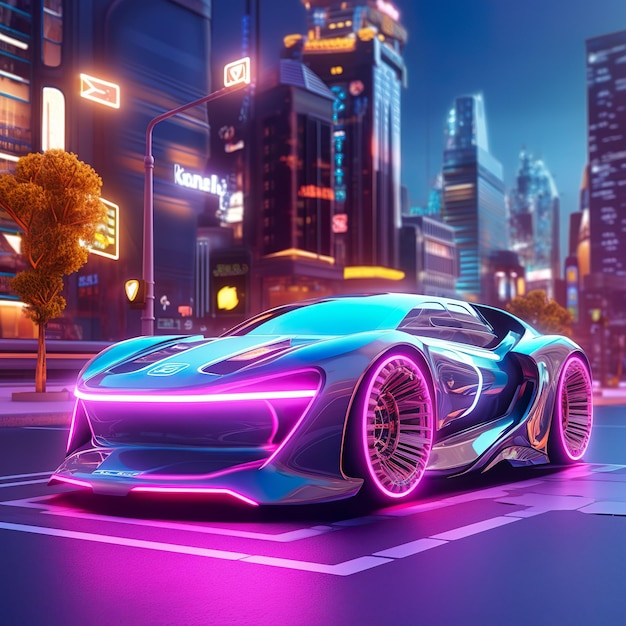 Futuristic mini mobile car neon color high detail cinematic lighting buildings in the background