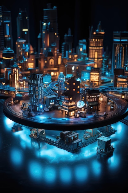 Photo futuristic miniature cityscape glowing in the dark