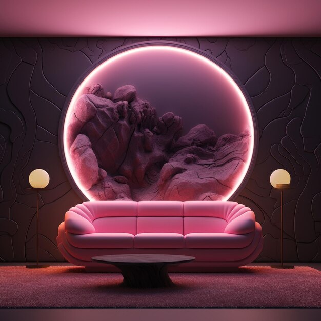 Футуристический минималистский интерьер с розовыми светлыми диванными лампами и декором