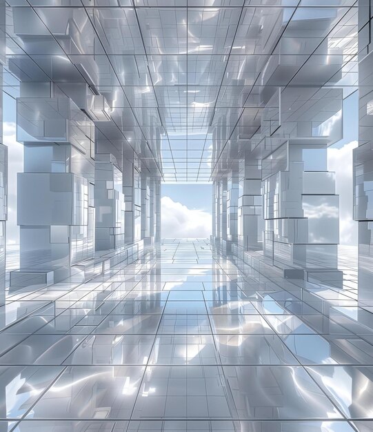 Футуристический зеркальный коридор с голубым небом