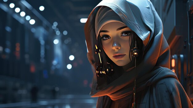 Photo futuristic modern cyberpunk hijab beautiful girl ai generated image