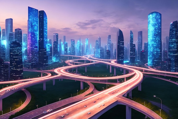 Futuristic modern future city with highway road at night generative art by AI