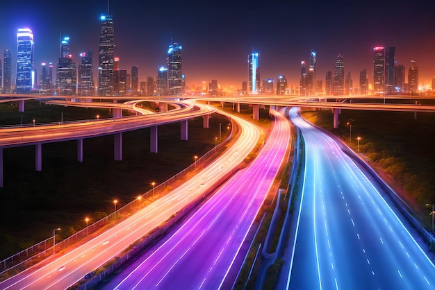 AI による夜の高速道路のジェネレーティブ アートと近未来的な近代的な未来都市