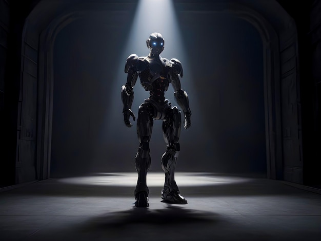 Photo futuristic modern humanoid robot in a dark room artificial intelligence with robot engineering