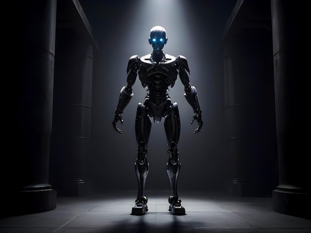 Futuristic Modern Humanoid Robot in a Dark Room Artificial Intelligence with robot engineering