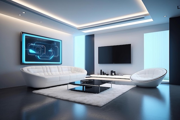 Futuristic modern interior with monitorsofa and lighting