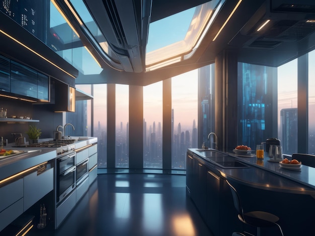 Foto illustrazione di design futuristico e moderno della cucina