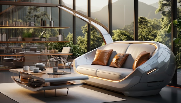 사진 소파 와 커피 테이블 을 가진 미래주의적 인 현대적 인 거실 인테리어