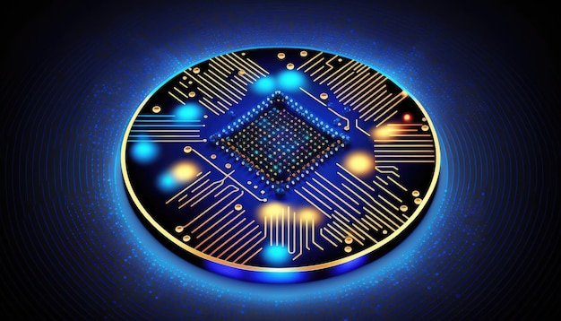 未来的なモダンな新しいコンピューター プロセッサ チップのカラフルなネオン輝くマイクロプロセッサの CPU モデル