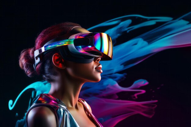 Futuristic modern technology woman in vr game glasses in neon lights