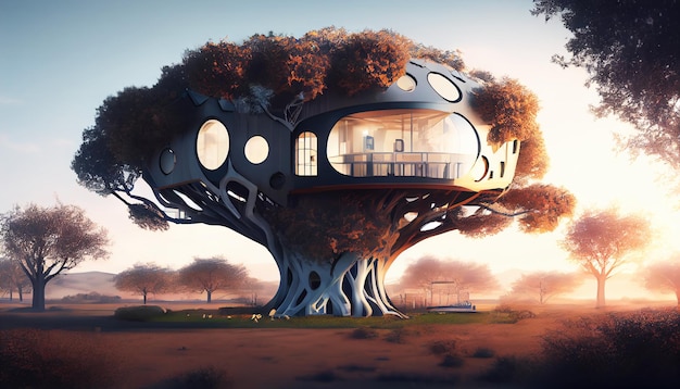 Futuristic modern tree house with round windows and stairs Generative AI