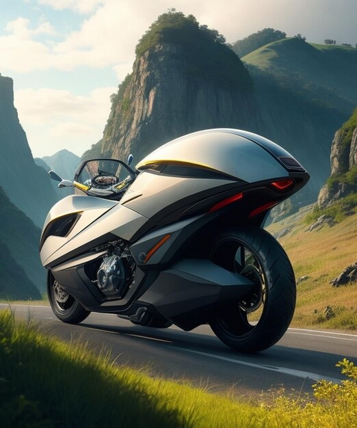 Futuristic Motorcycle In hilly areas by the Highway AI generated