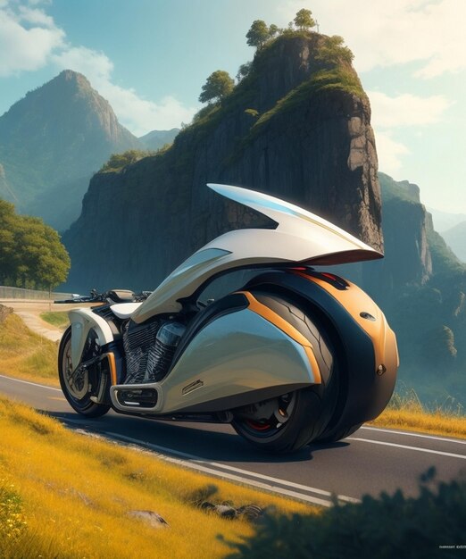 Futuristic Motorcycle In hilly areas by the Highway AI generated