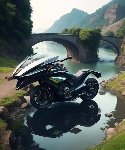 Photo futuristic motorcycle in hilly areas by the sea ai generated