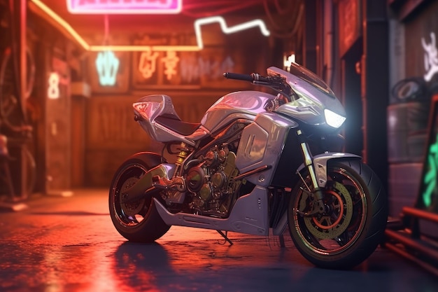 Futuristic motorcycle in the night club with neon lights Generative AI