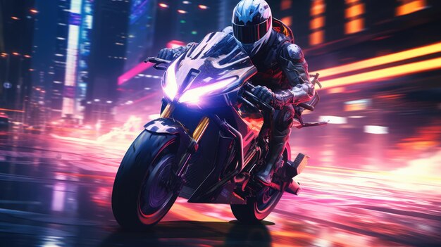 A futuristic motorcycle racing in a neon light