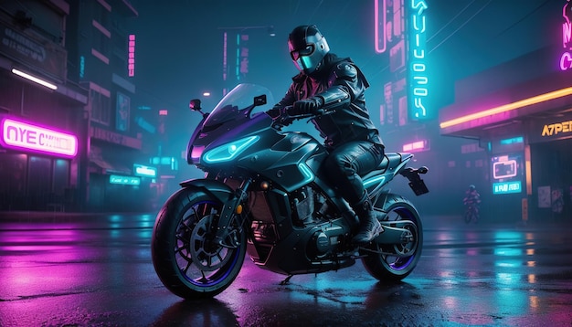大型バイクに乗っている未来的なバイクライダー黒いジャケット