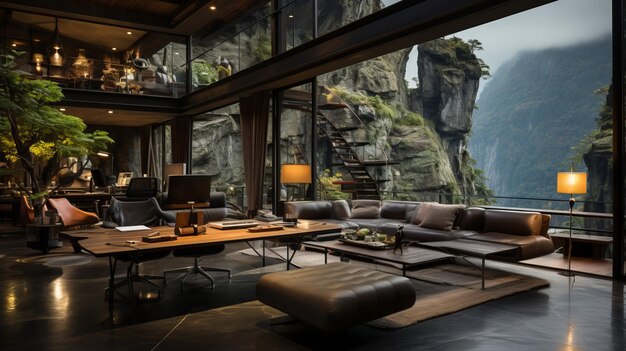 Futuristic mountain house interior with large glass windows