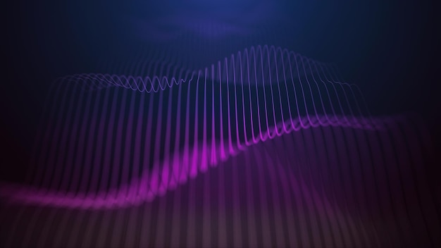 紫色の線の未来的な音楽の波 デジタル データ フロー ビッグ データの概念 ネットワーク接続 サイバネティクスと技術 抽象的な暗い背景 3 d レンダリング