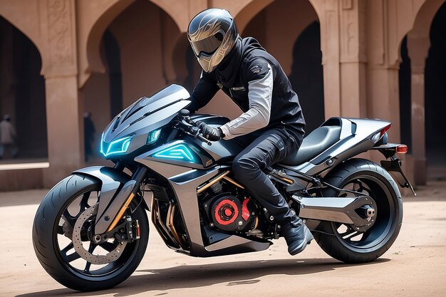 Futuristic Muslim Fighter with fastest fighter motorcycle bike with advanced technology