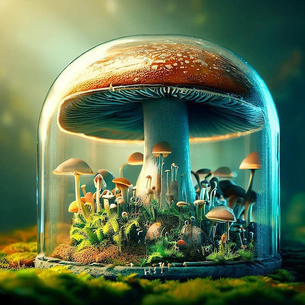 Futuristic and mysterious mushroom with mushroom house