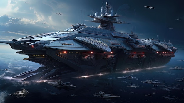 Futuristic naval ships are fighting on the sea