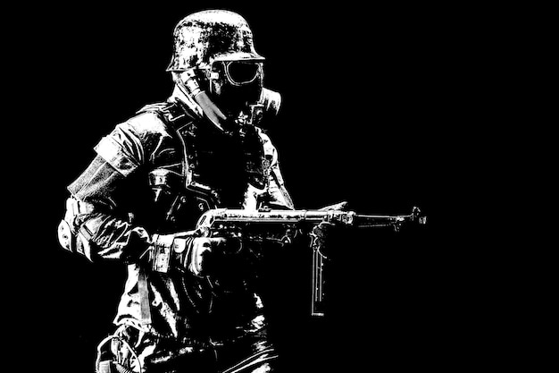 ナチス兵士のガスマスクとスチールヘルメット シュメイサー手銃 黒い背景 スタジオショット