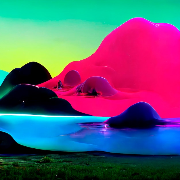 Futuristic neon 3d landscape with liquid shapes glowing fluid shapes modern 3d fluid design