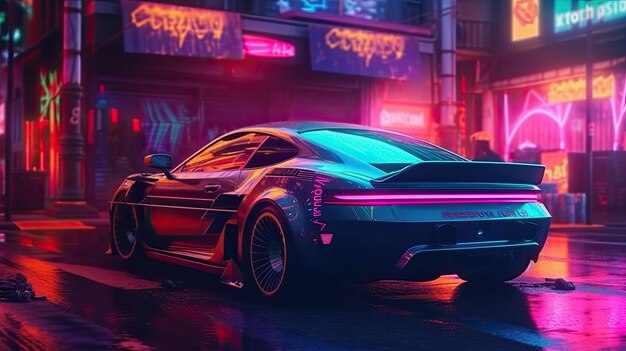 Futuristic neon car and city